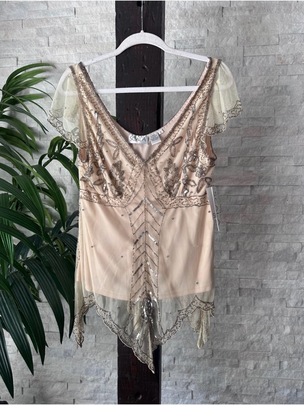 Scala Beaded Vintage V-Neck Flutter Beaded Fairycore Blush Blouse Size L New